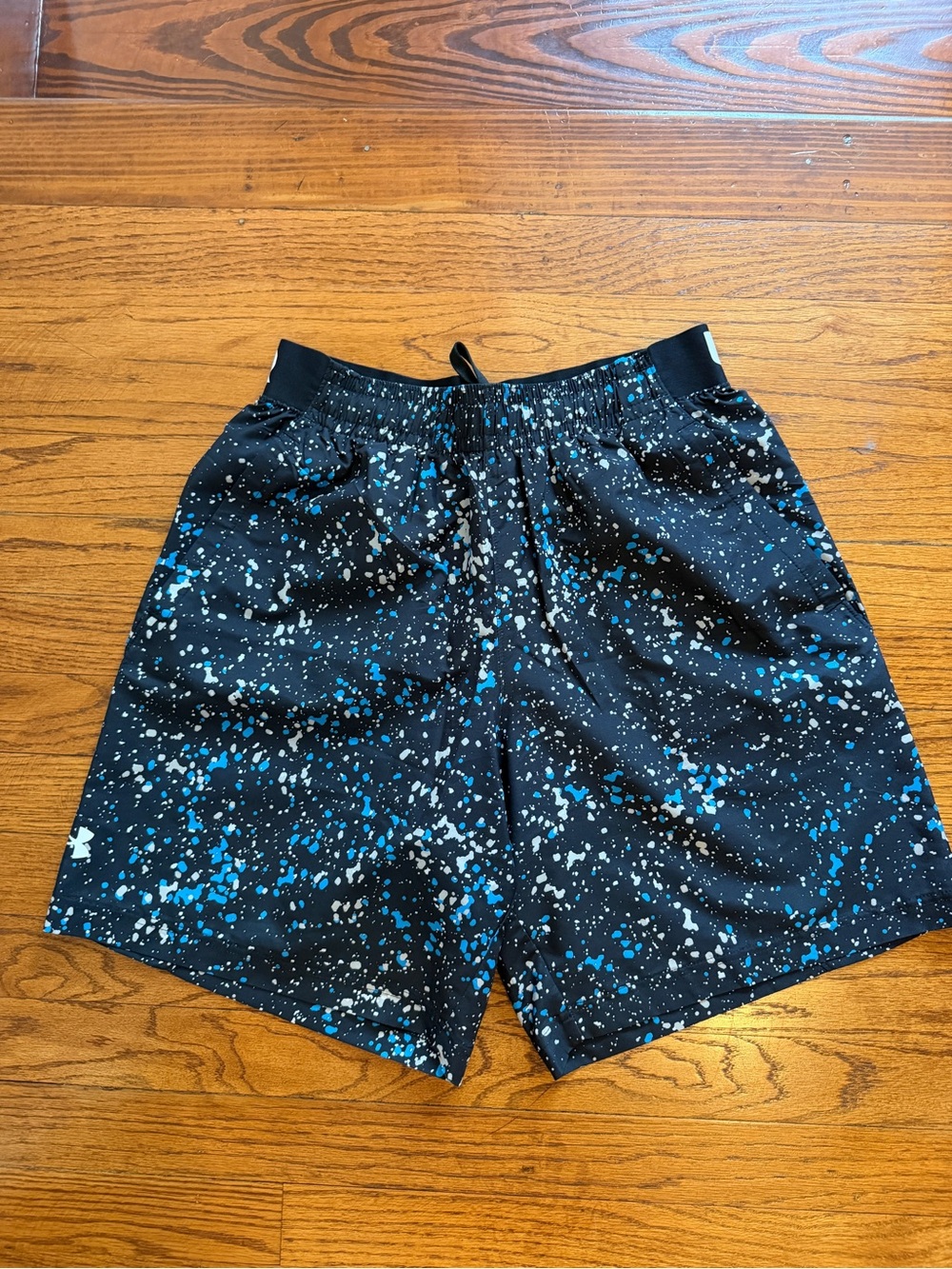 Under Armour Men's Black Athletic Shorts with Blue & White Splatter